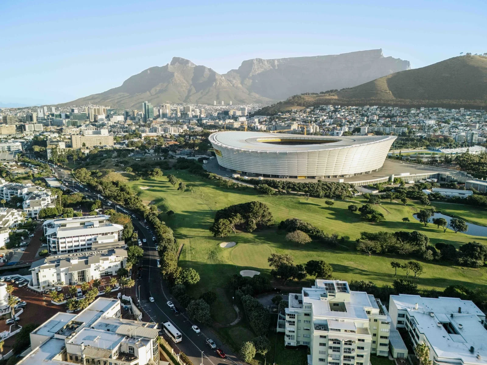 The stadium, the course and the city skyline, with Devil's Peak behind