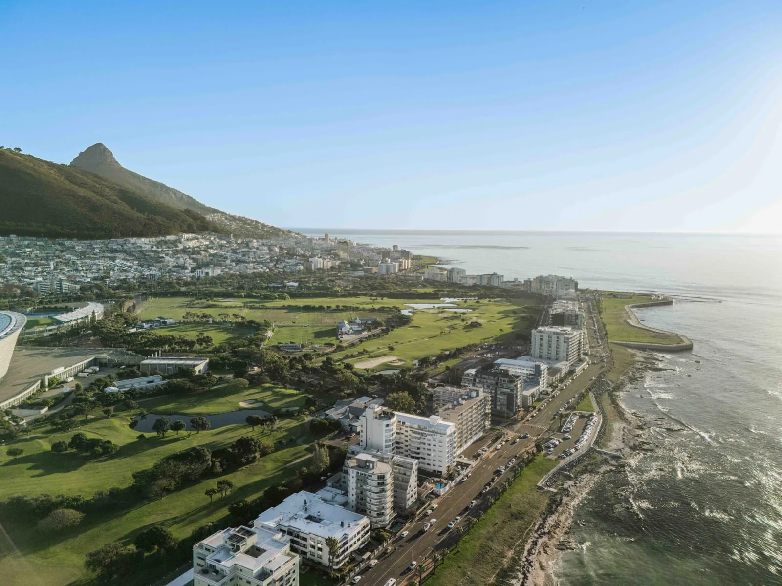 The course, the sports fields and the rocky shore from above